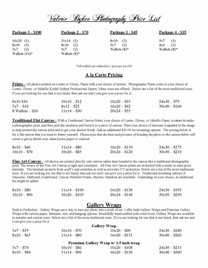 Price List for ordering products